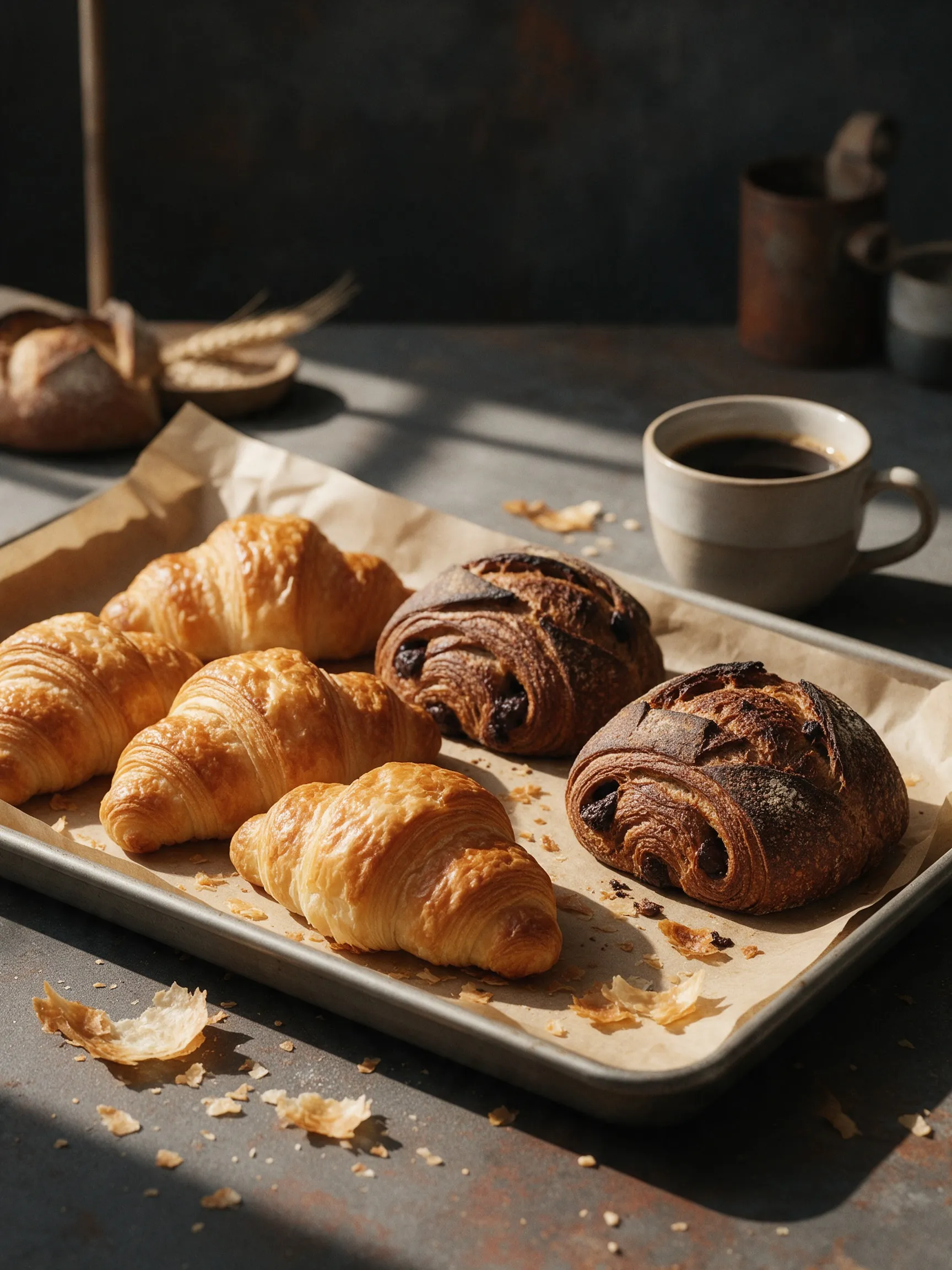 Bandeja de croissants de mantequilla y de chocolate