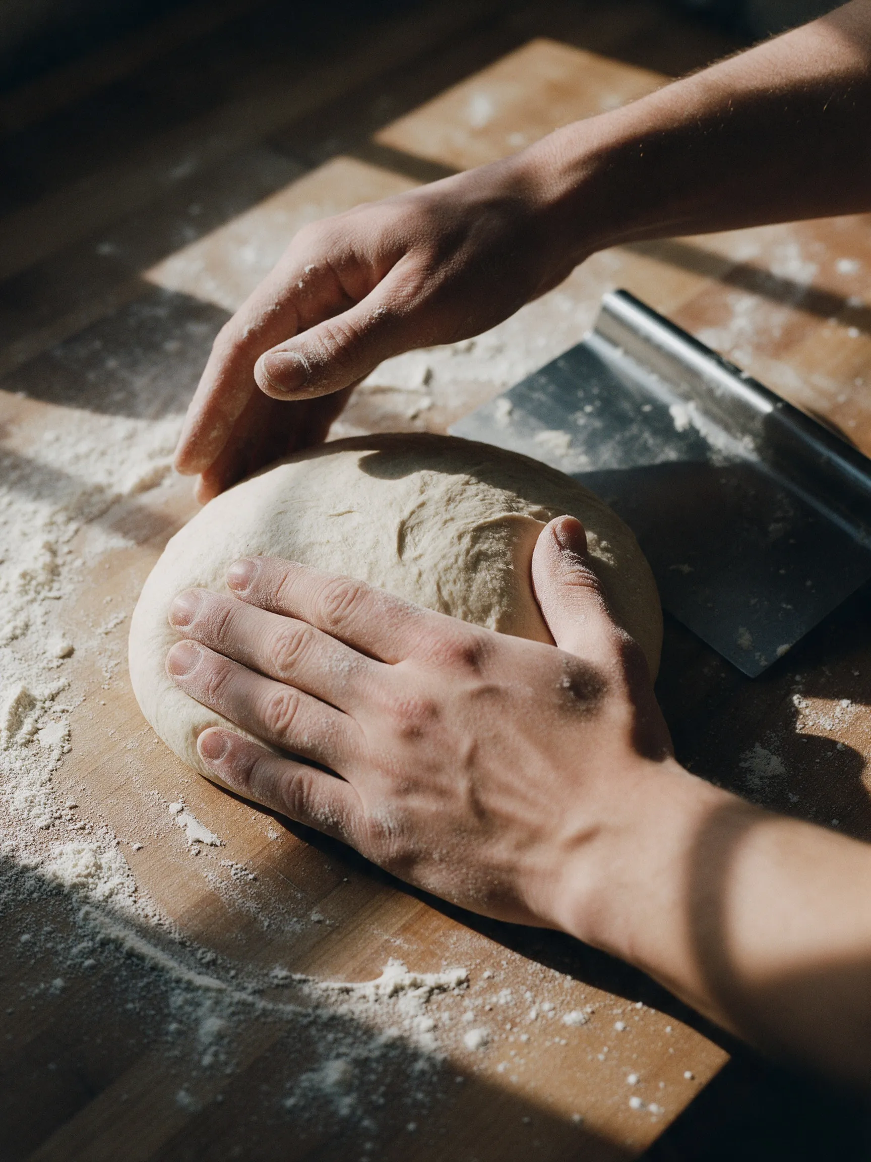 Manos formando una masa sobre la mesa enharinada