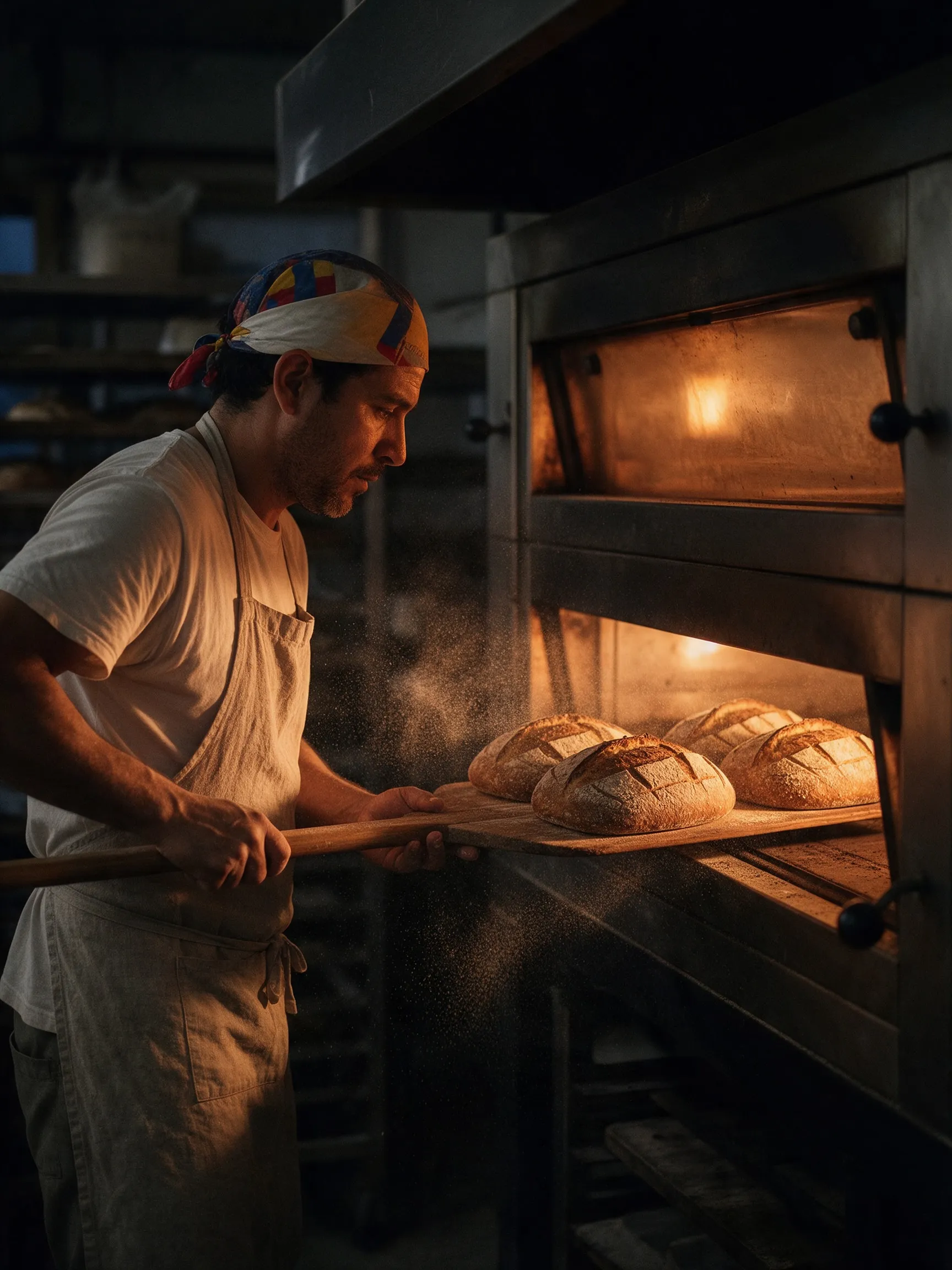 Panadero sacando panes del horno con la pala