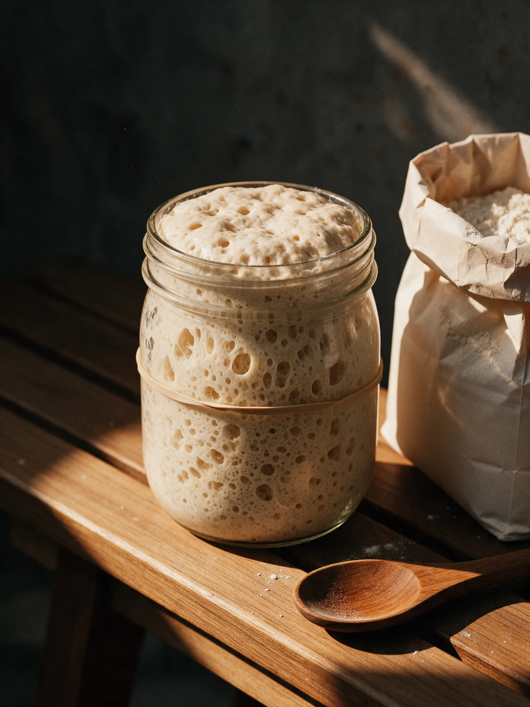Frasco de masa madre burbujeante junto a un saco de harina