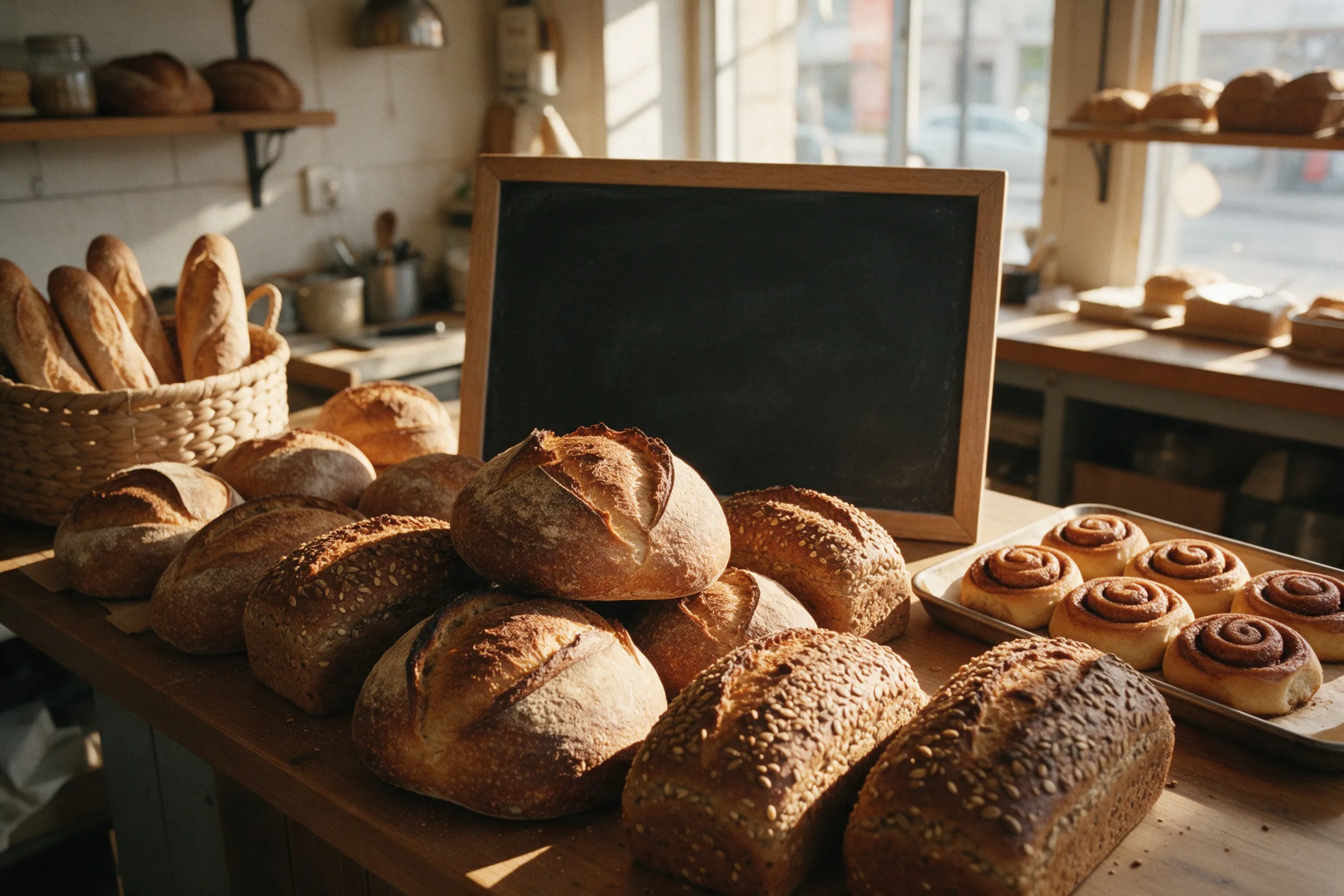 La vitrina del local con panes, baguettes y rollos de canela