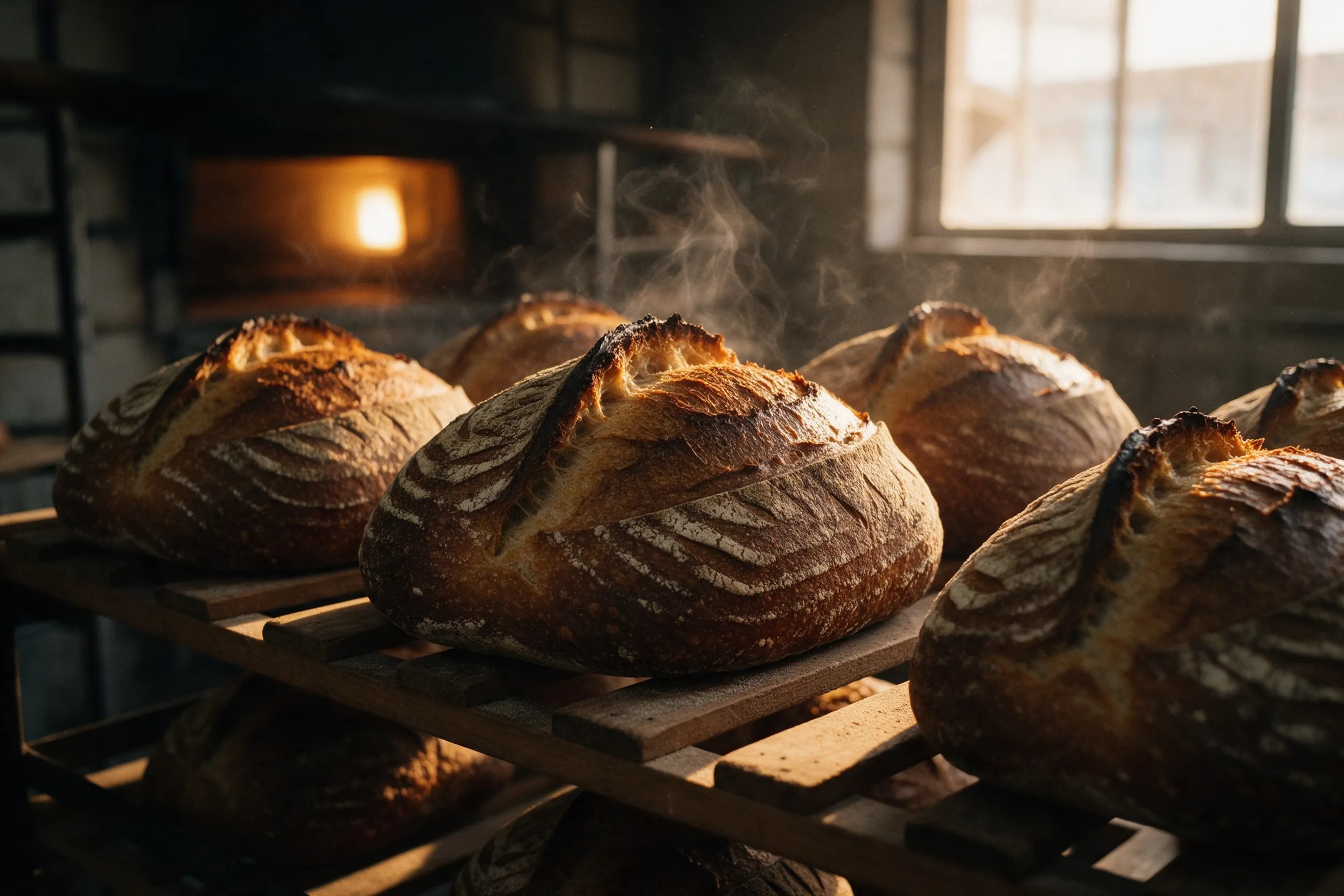 Hogazas de masa madre recién horneadas sobre las rejillas, con el horno encendido al fondo